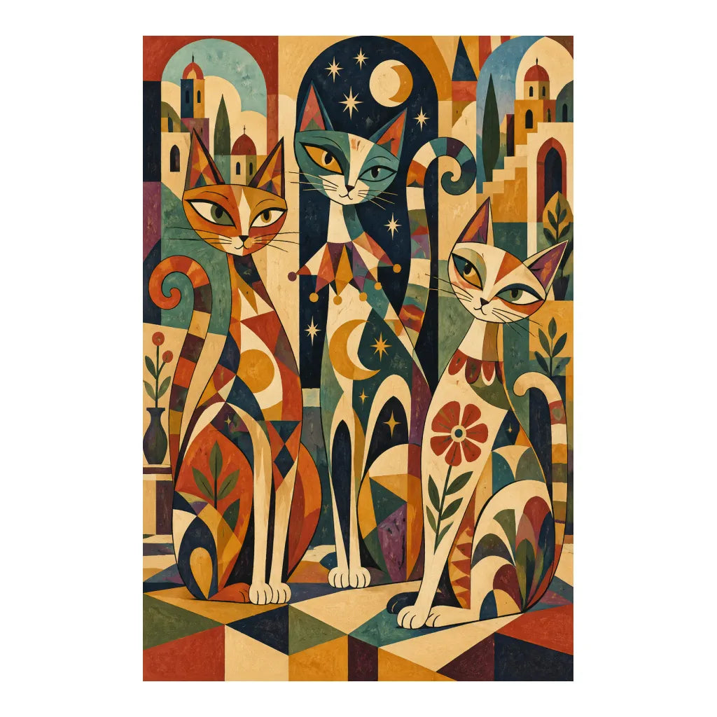 White-background original artwork of stylized cats among colorful theatrical masks, stars, and geometric patterns for a diamond painting kit