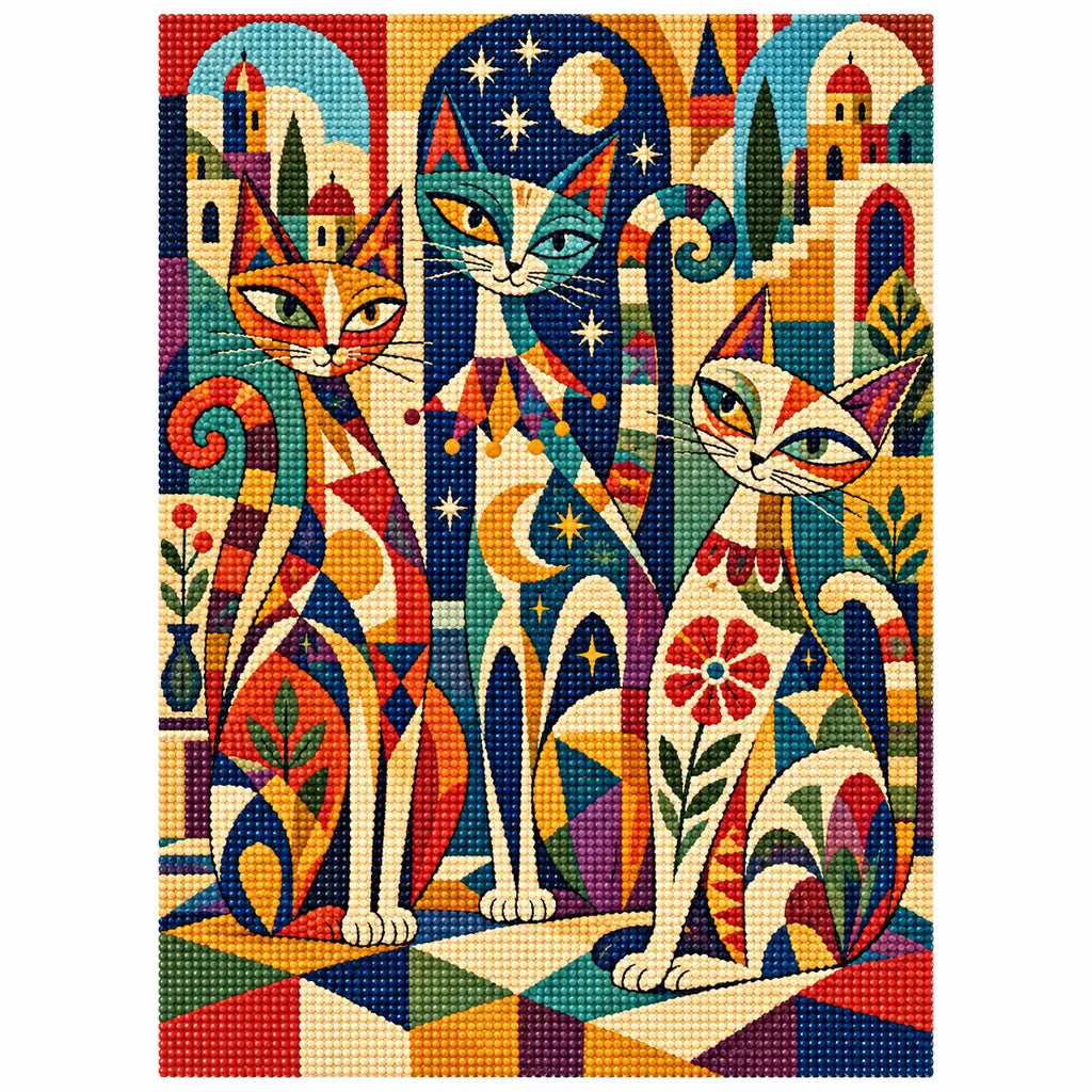 White-background finished diamond painting of stylized cats among colorful theatrical masks, stars, and geometric patterns with sparkling drills