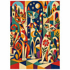 White-background finished diamond painting of stylized cats among colorful theatrical masks, stars, and geometric patterns with sparkling drills