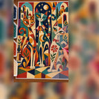 Diamond painting process showing stylized cats among colorful theatrical masks, stars, and geometric patterns being completed with a stylus