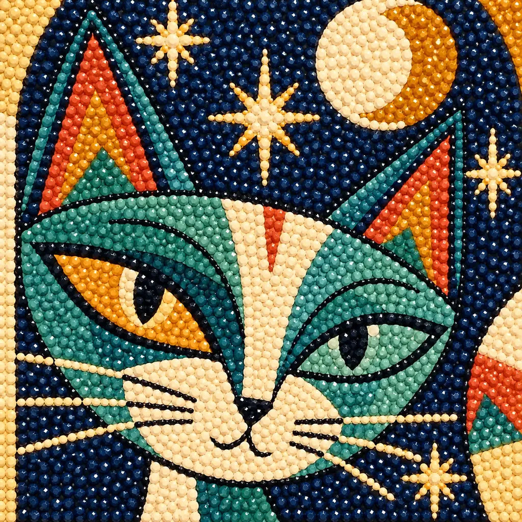 Close-up diamond drill detail of stylized cats among colorful theatrical masks, stars, and geometric patterns artwork