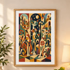 Framed stylized cats among colorful theatrical masks, stars, and geometric patterns diamond painting displayed as home decor