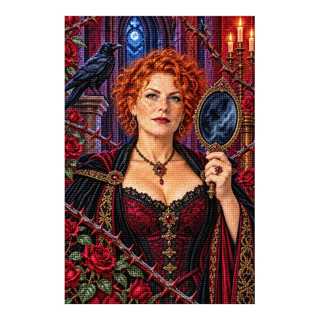 Finished diamond painting of a witch, mirror, raven, and thorned roses.
