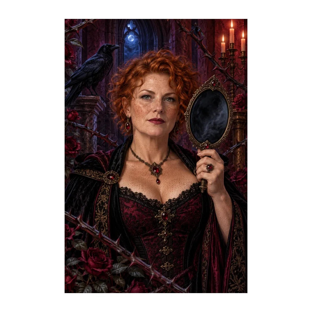 Original design of a red-haired witch with an antique mirror, raven, and thorned roses.