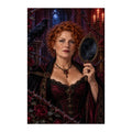Original design of a red-haired witch with an antique mirror, raven, and thorned roses.