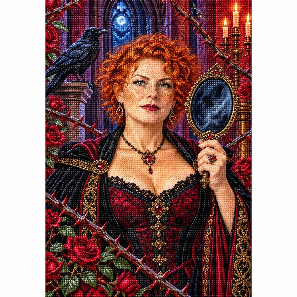 Finished diamond painting of a witch, mirror, raven, and thorned roses.