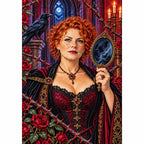 Finished diamond painting of a witch, mirror, raven, and thorned roses.