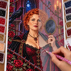 Hand placing drills on the witch and mirror diamond painting canvas.