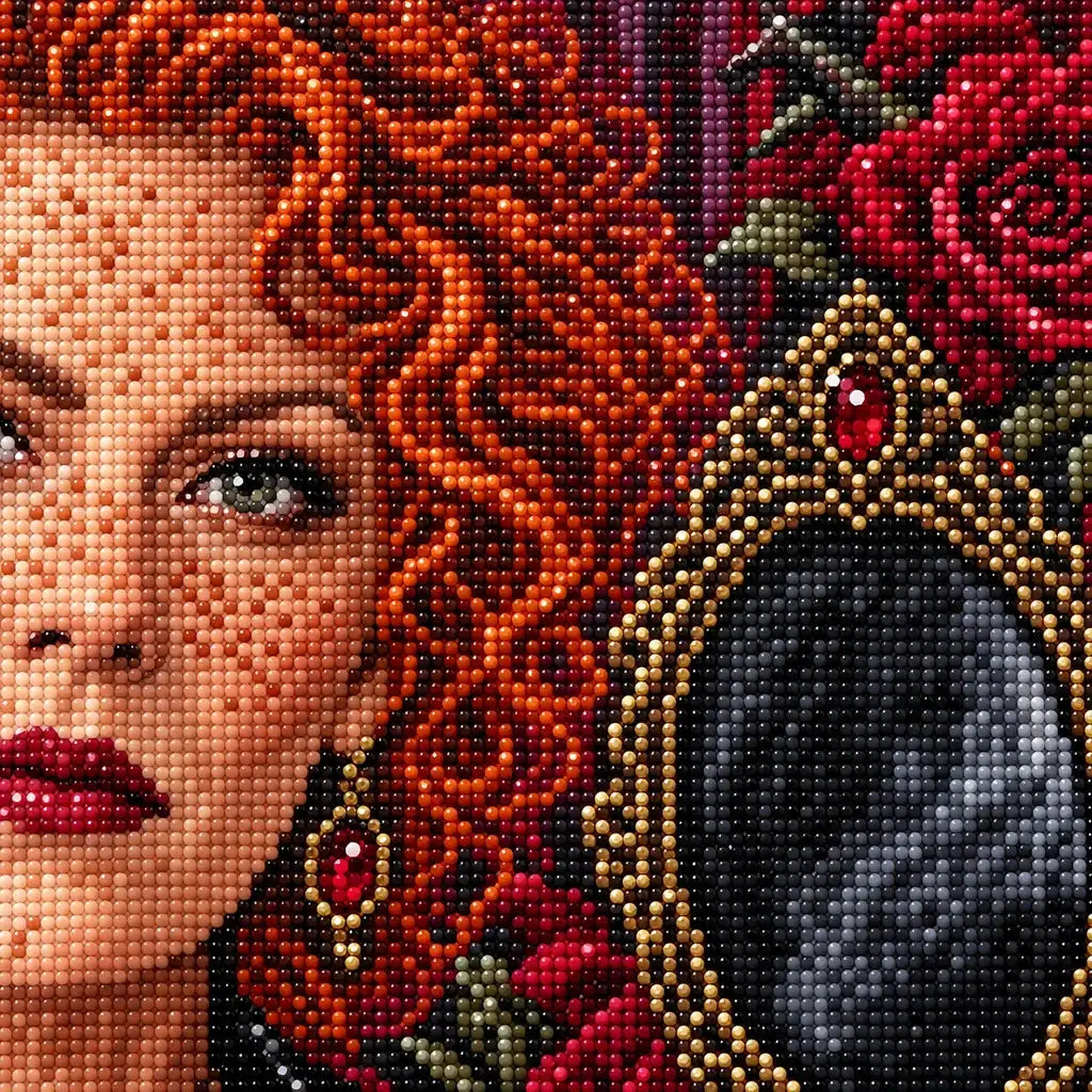 Close-up of sparkling drills across the witch's portrait and thorned roses.