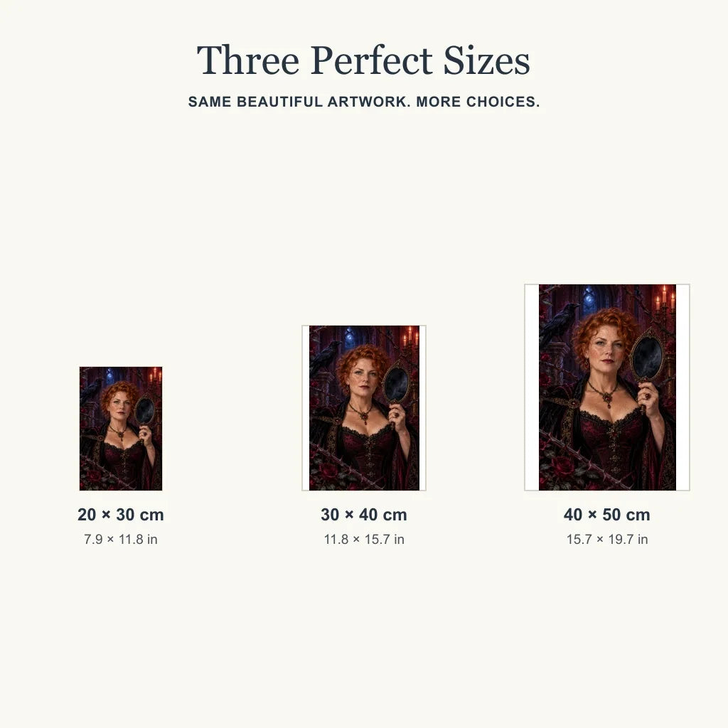 Three size options for the Thorn Mirror Witch diamond painting kit.
