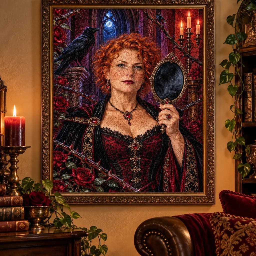Framed Thorn Mirror Witch artwork displayed in a dark, candlelit room.