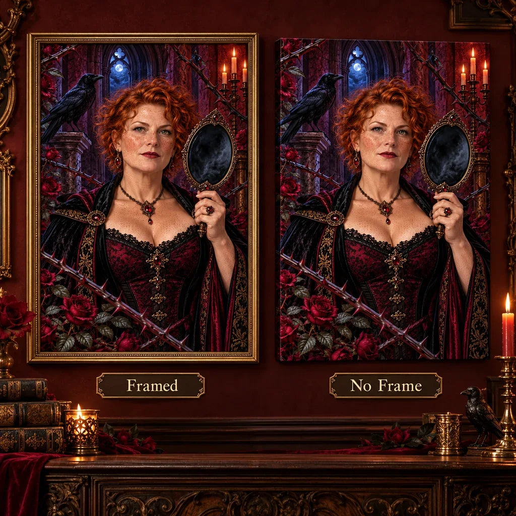 Framed and no-frame Thorn Mirror Witch designs shown side by side.