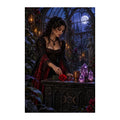 Original artwork of a woman at a gothic altar in a thorned glasshouse.