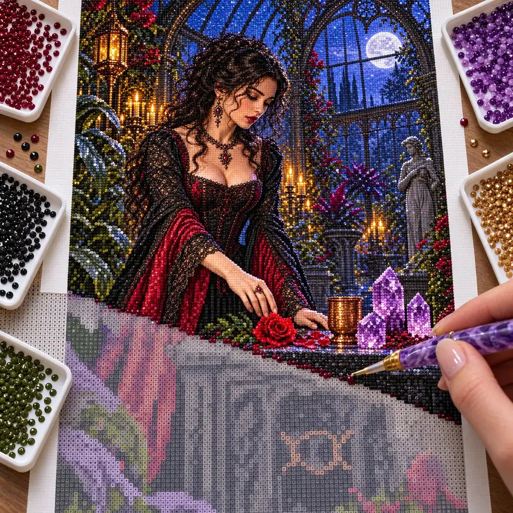 Hands placing drills on the thorned glasshouse altar diamond painting canvas.