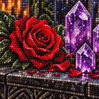 Close-up of diamond drills on a red rose and amethyst crystal.