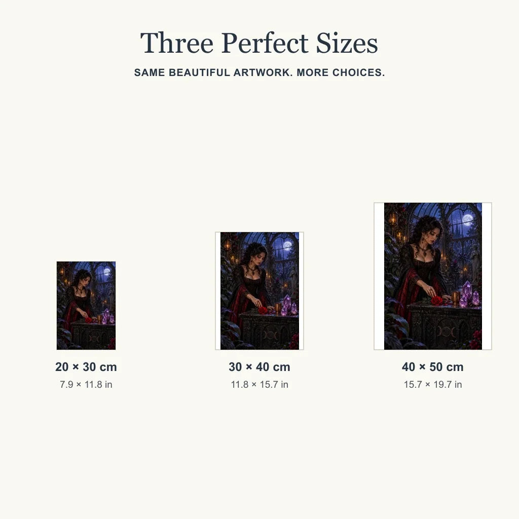 Size guide for the thorned glasshouse altar design in three portrait sizes.