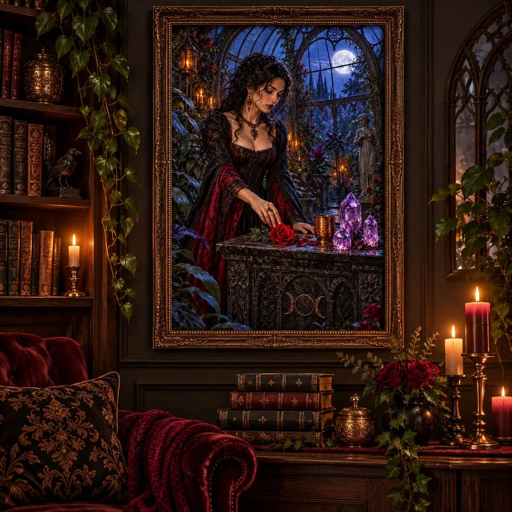 Framed thorned glasshouse altar diamond painting displayed in a dark, elegant room.