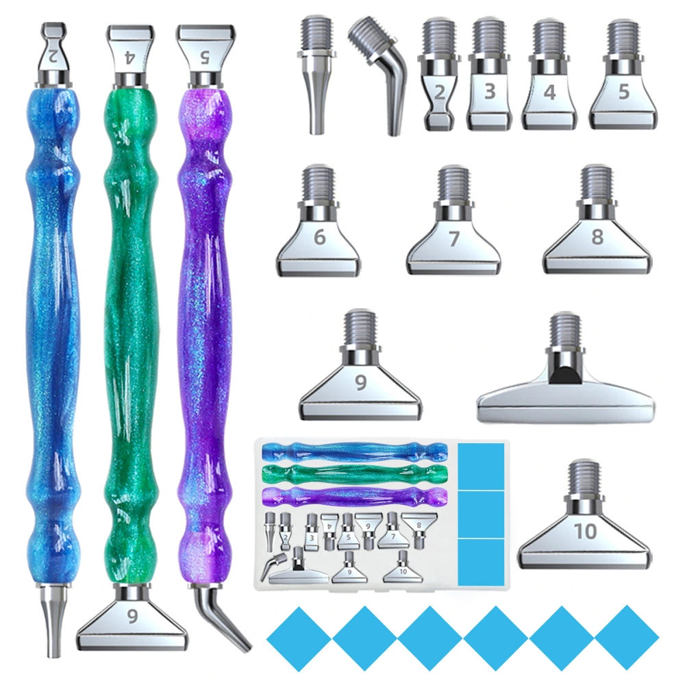 Overview of threaded diamond painting pen set with 12 tips and storage box