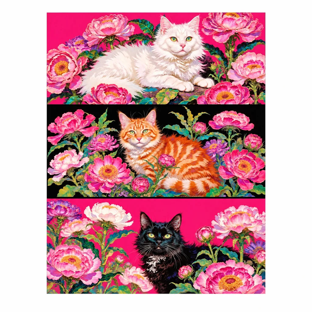 Original artwork showing three cat portraits—a white cat, orange tabby, and black cat—among pink peonies.