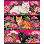 Finished diamond painting showing three cat portraits—a white cat, orange tabby, and black cat—among pink peonies.