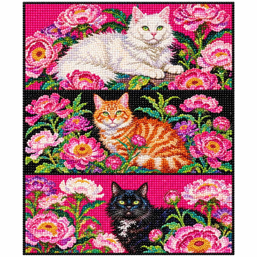 Finished diamond painting showing three cat portraits—a white cat, orange tabby, and black cat—among pink peonies.