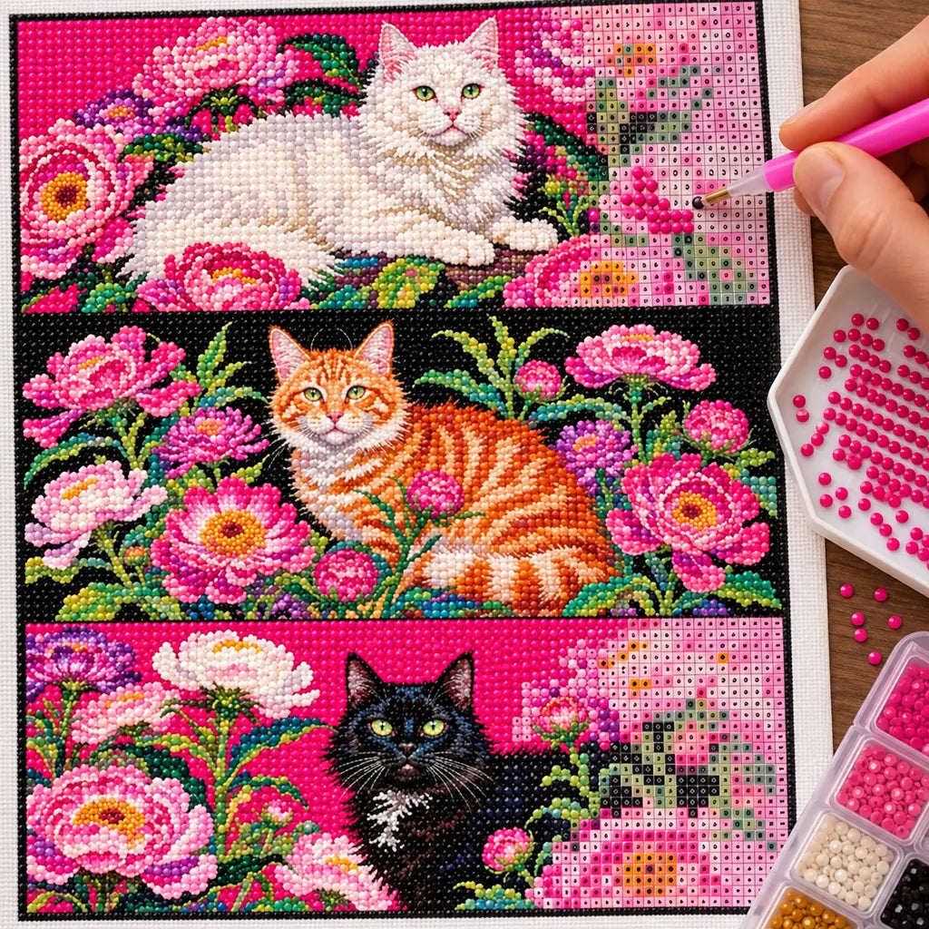 Hands applying drills to the three cat portraits—a white cat, orange tabby, and black cat—among pink peonies design.