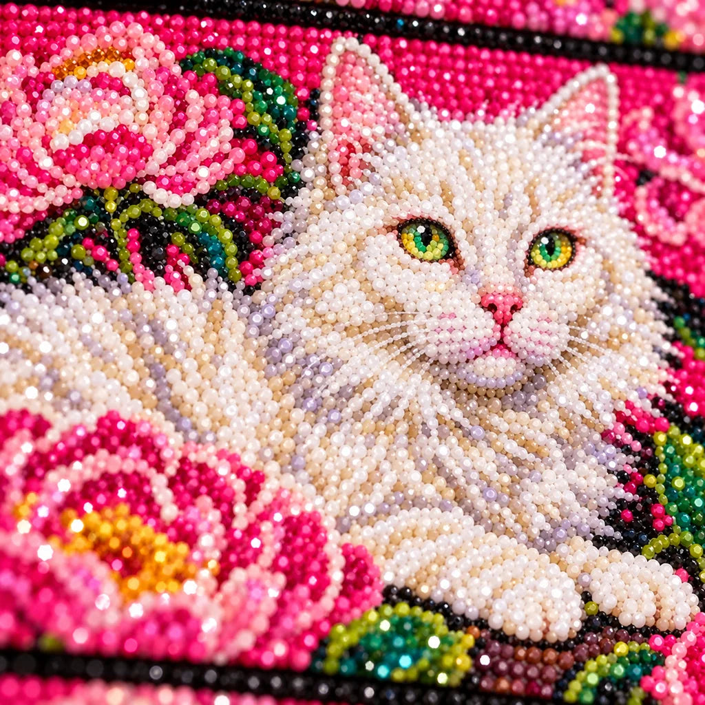 Close-up of diamond drills in the three cat portraits—a white cat, orange tabby, and black cat—among pink peonies design.