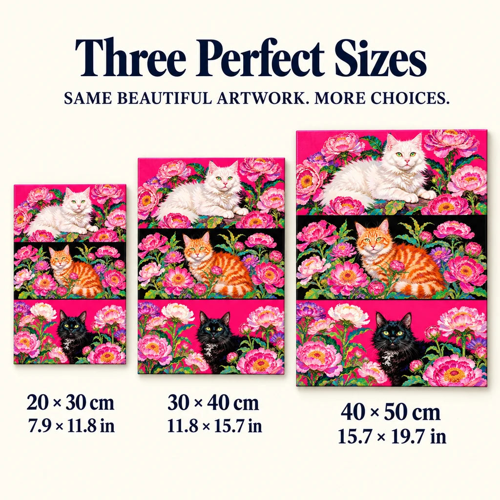 Size guide for Three Cats Among Peonies Diamond Painting Kit: 20 × 30 cm, 30 × 40 cm, and 40 × 50 cm.