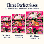 Size guide for Three Cats Among Peonies Diamond Painting Kit: 20 × 30 cm, 30 × 40 cm, and 40 × 50 cm.