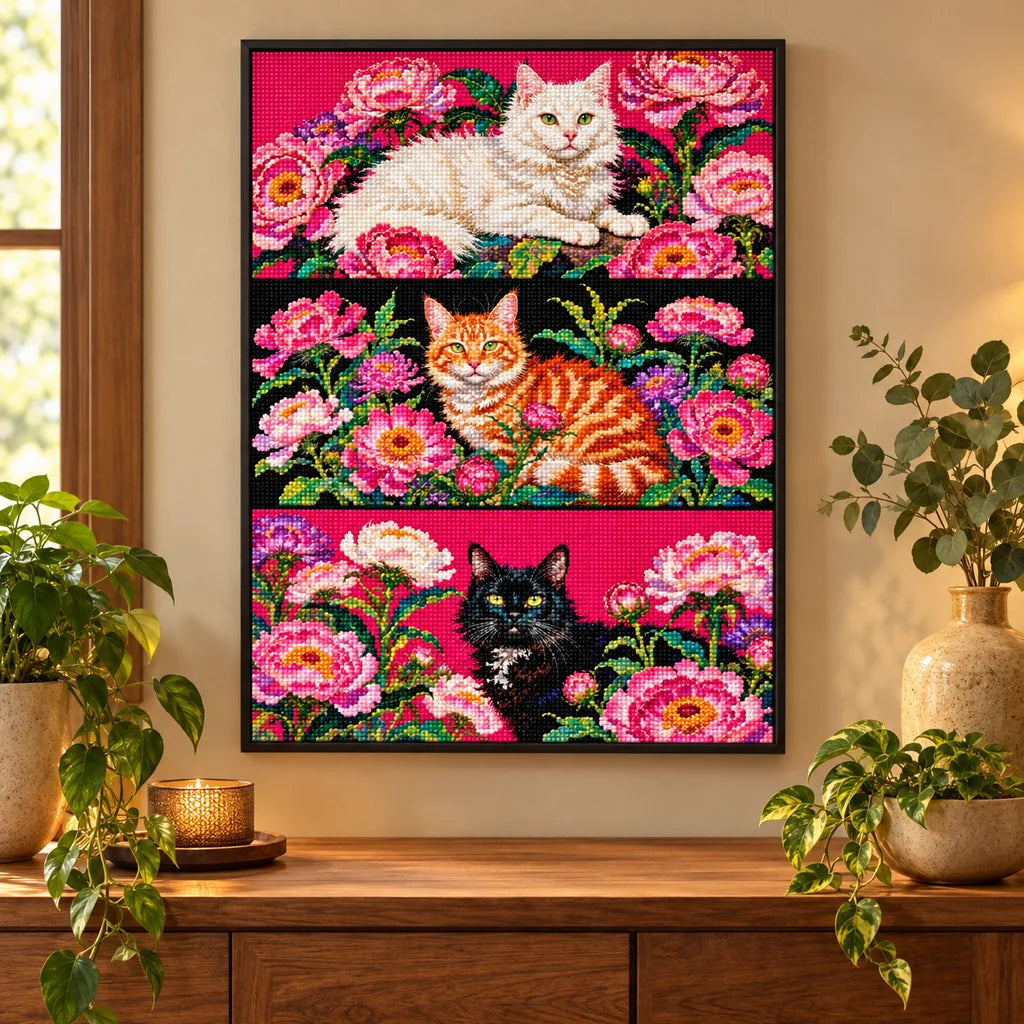 Home decor scene featuring the three cat portraits—a white cat, orange tabby, and black cat—among pink peonies diamond painting displayed on a wall.