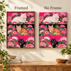 Framed and no-frame comparison for Three Cats Among Peonies Diamond Painting Kit.