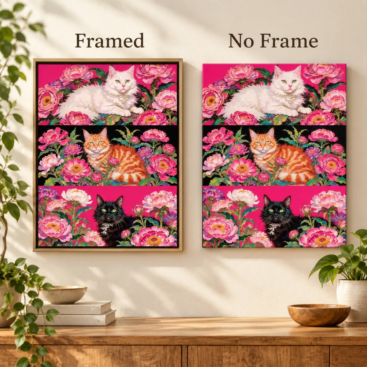 Framed and no-frame comparison for Three Cats Among Peonies Diamond Painting Kit.