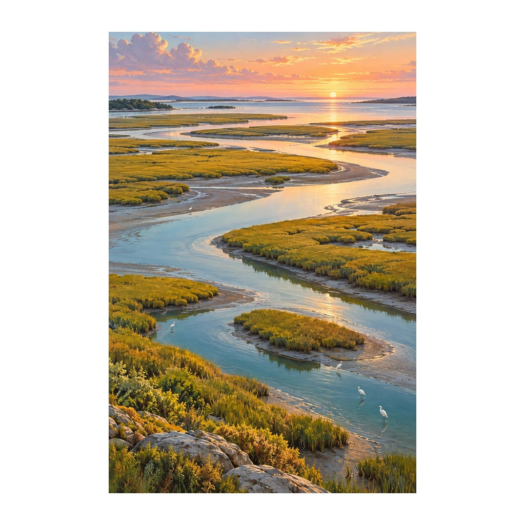Original white-background artwork of a tidal marsh with winding silver channels at sunset