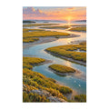Original white-background artwork of a tidal marsh with winding silver channels at sunset