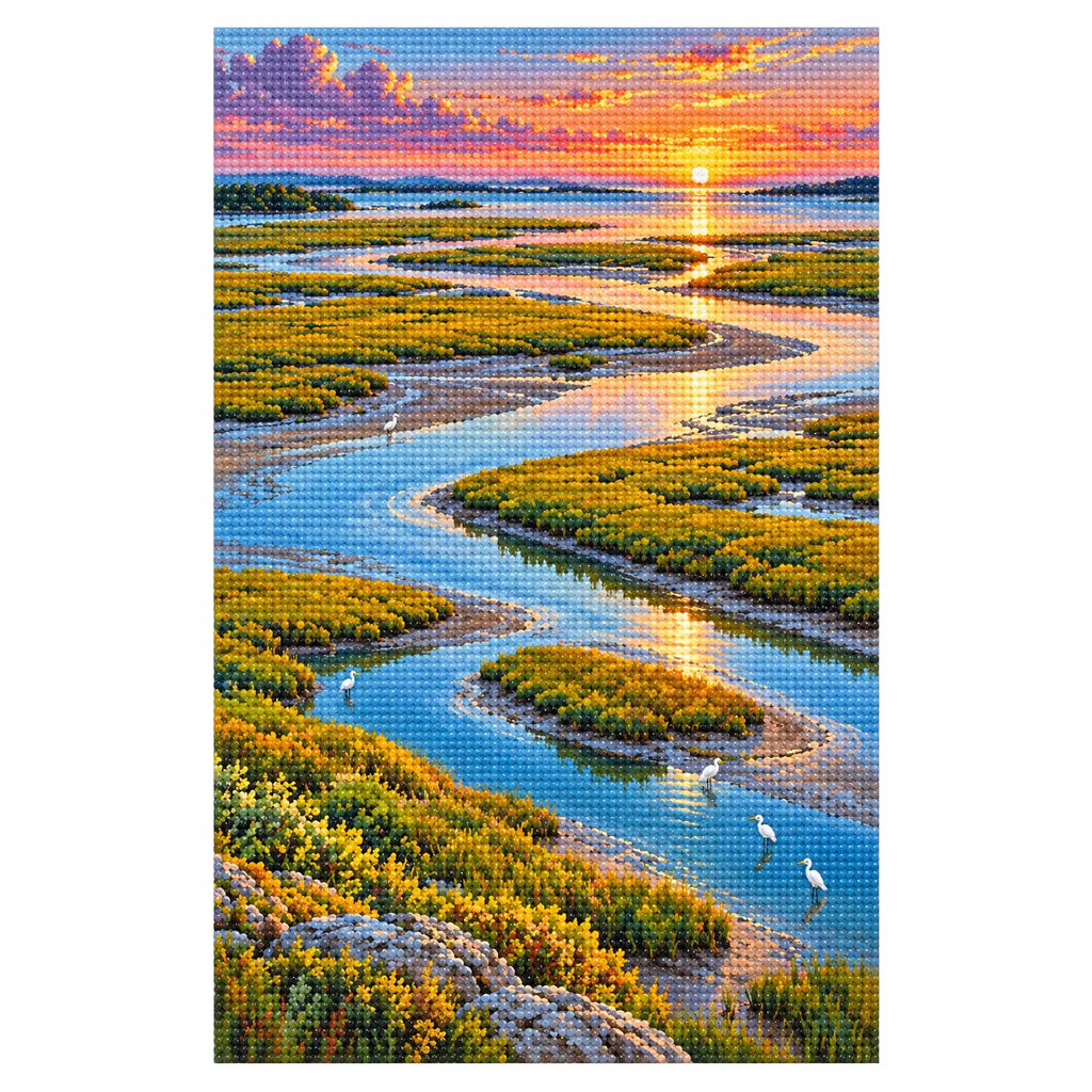 Finished white-background diamond painting of silver channels winding through a tidal marsh