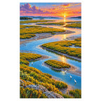 Finished white-background diamond painting of silver channels winding through a tidal marsh