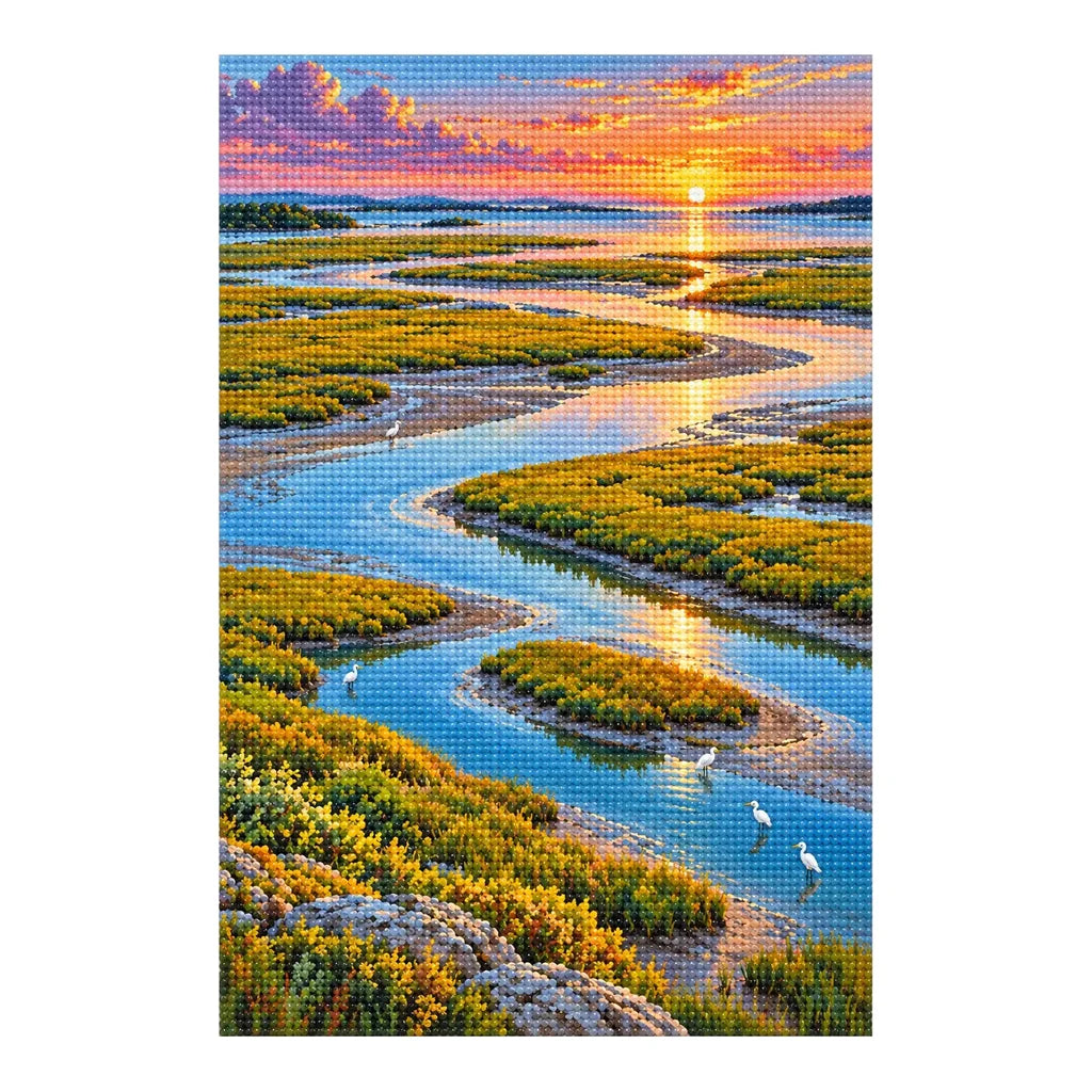 Finished white-background diamond painting of silver channels winding through a tidal marsh