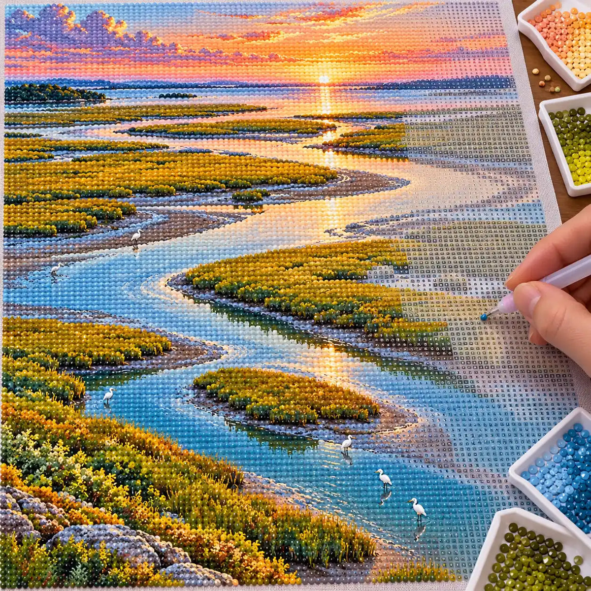 Hands placing drills on the tidal marsh silver channels diamond painting canvas
