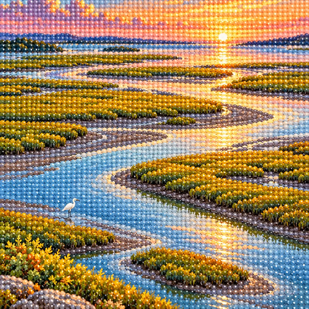 Close-up of sparkling drills on the tidal marsh water and golden grasses