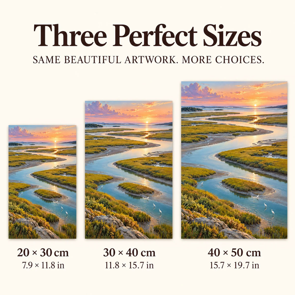 Tidal marsh landscape diamond painting in 20 by 30, 30 by 40, and 40 by 50 centimeter sizes