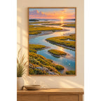 Tidal marsh silver channels diamond painting displayed in a home interior