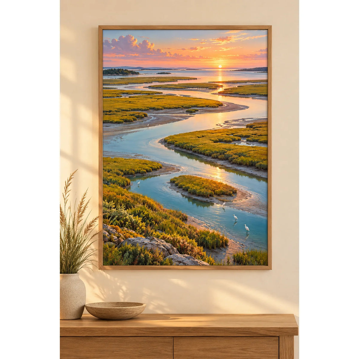 Tidal marsh silver channels diamond painting displayed in a home interior