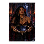 Original design of a dark-haired witch holding a round mirror filled with moonlit water.