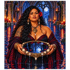 Finished diamond painting of a witch and a reflective tidal mirror.