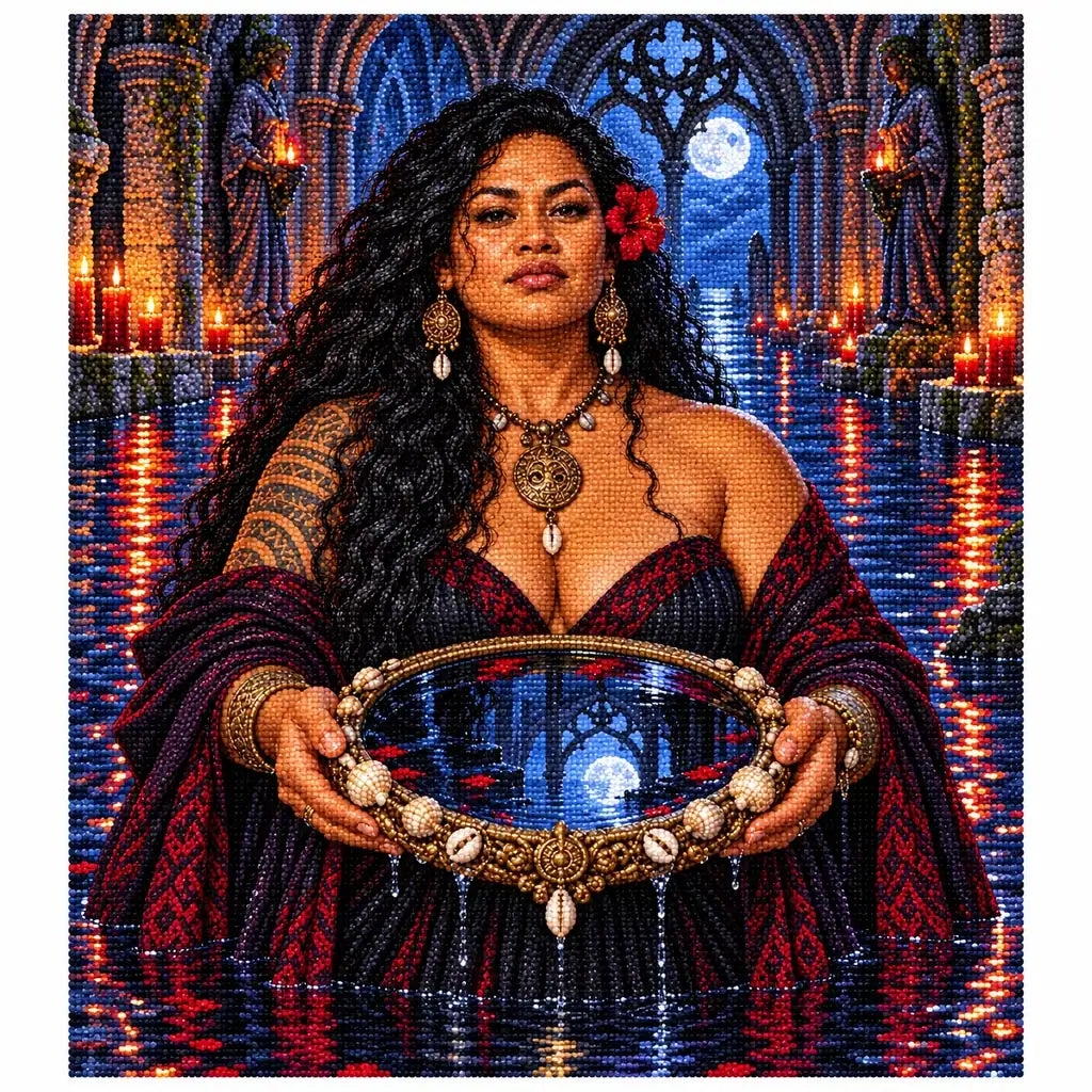 Finished diamond painting of a witch and a reflective tidal mirror.