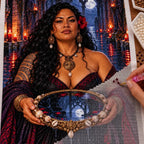 Hand placing drills on the tidal mirror witch diamond painting canvas.