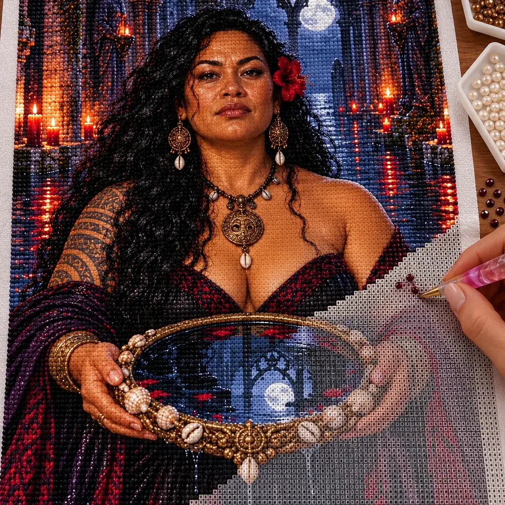 Hand placing drills on the tidal mirror witch diamond painting canvas.