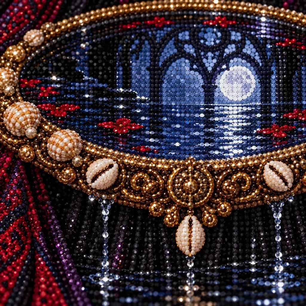 Close-up of sparkling drills across the water-filled mirror and ornate frame.