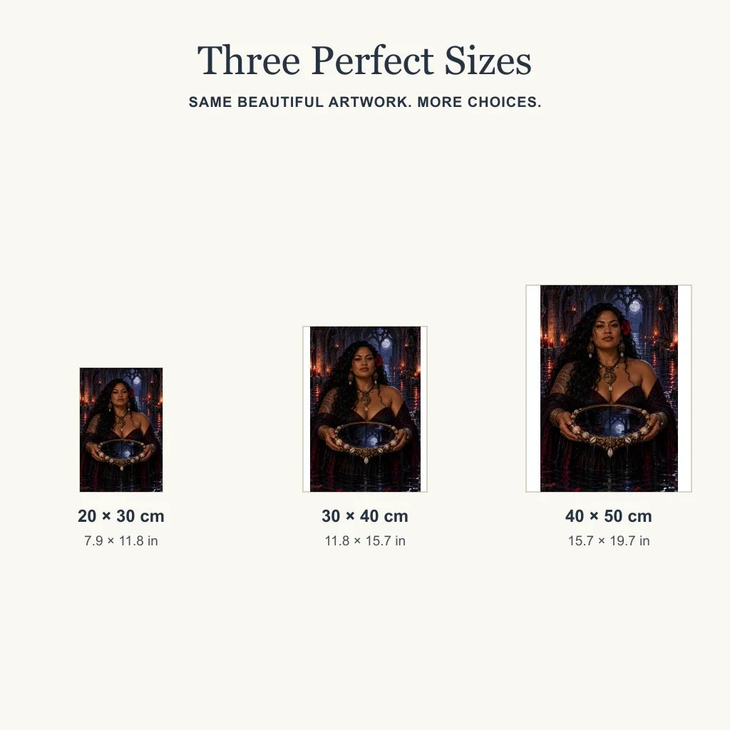 Three size options for the Tidal Mirror Witch diamond painting kit.