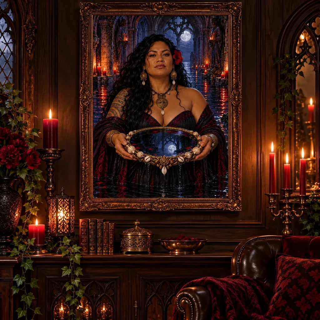 Framed Tidal Mirror Witch artwork displayed in a candlelit gothic room.